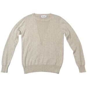 Line + Dot Mia Contrast Sweater Long Sleeve Sheer Panels Cream Beige Tan Small